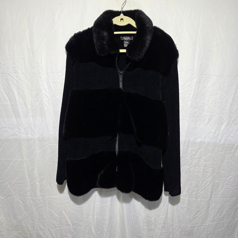 Lisa International Woman Black Faux Fur Trim Zip Cardigan Sweater Plus Size 1X